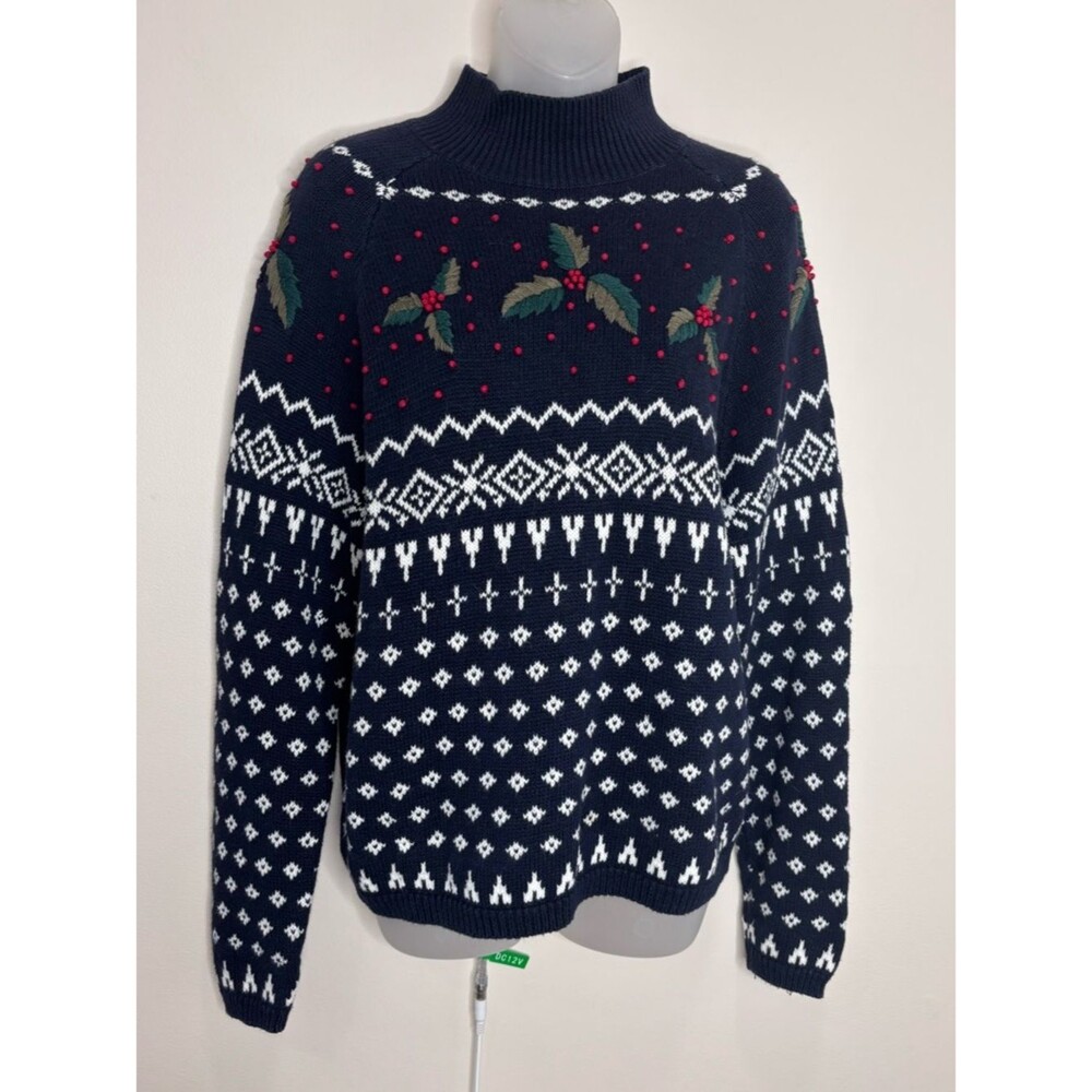 DressBarn Navy Holiday Cowlneck Sweater Red Berry Embroidery medium cotton blend